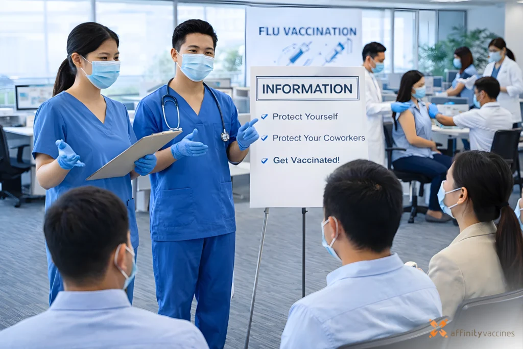 Healthcare professionals educating employees about flu vaccination during a corporate vaccination event.
