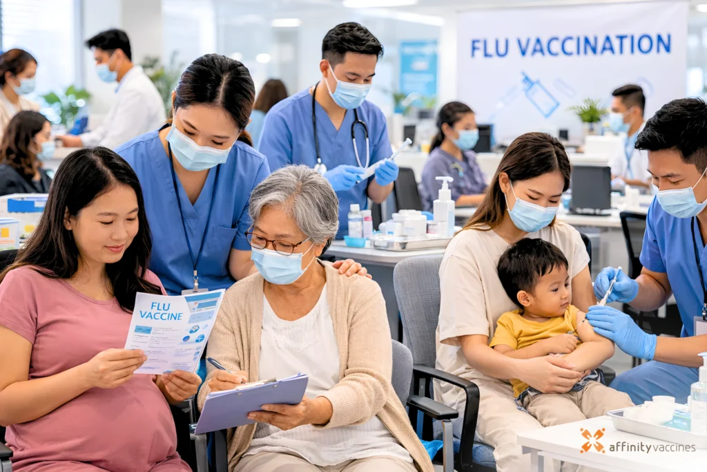 Healthcare workers assisting patients including a pregnant woman, elderly adult, and child during a flu vaccination event.