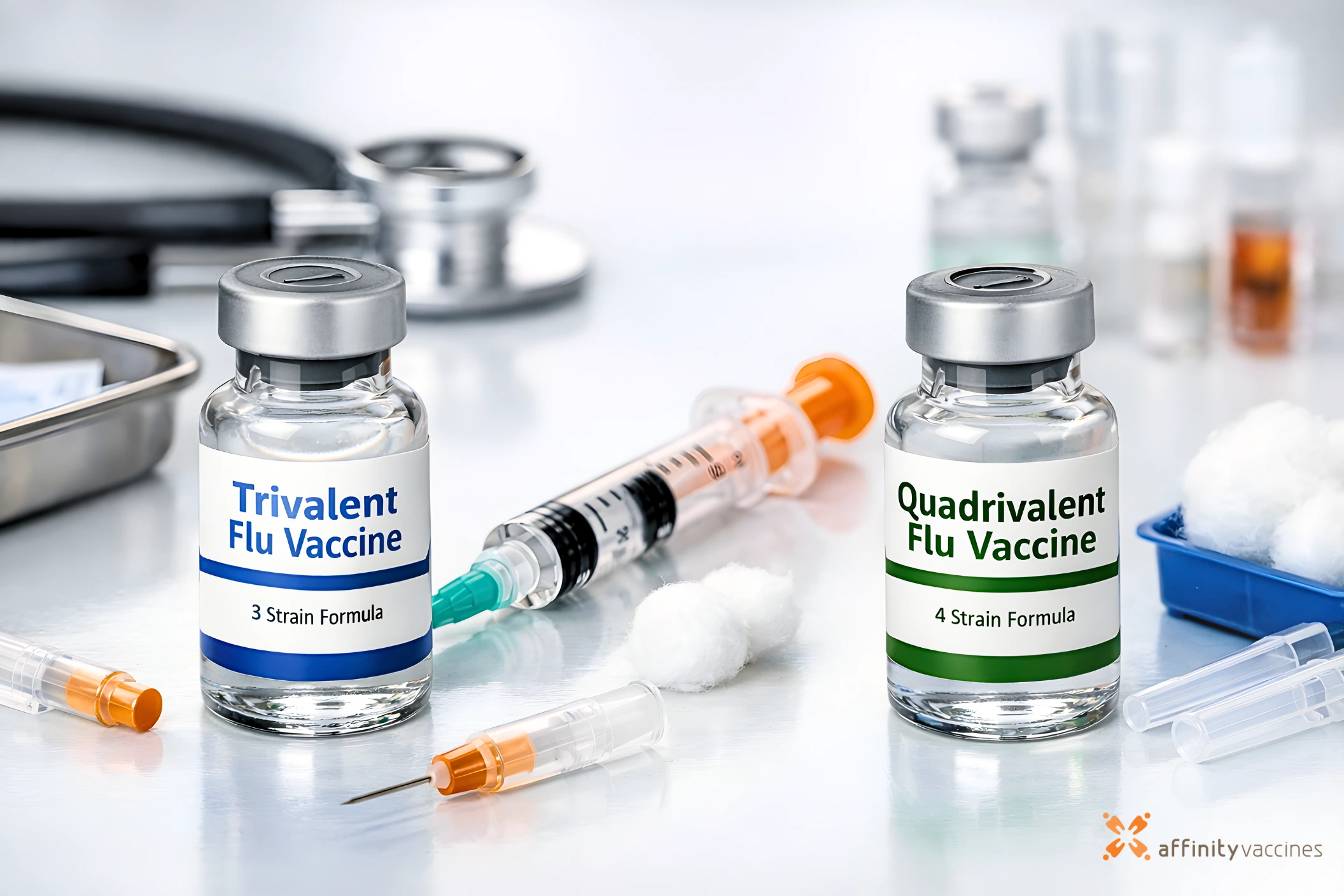 Two influenza vaccine vials labeled trivalent and quadrivalent flu vaccines placed on a medical table with syringes, cotton balls, and clinical equipment.