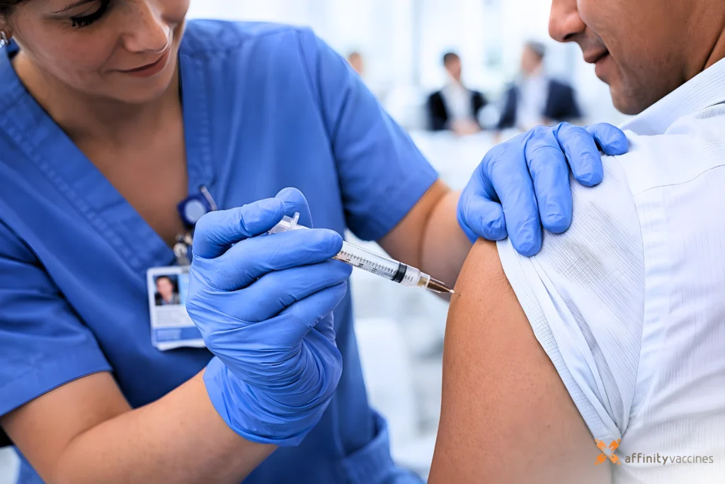 Nurse in blue scrubs and gloves administering a flu vaccine injection to an employee’s upper arm in a corporate setting.