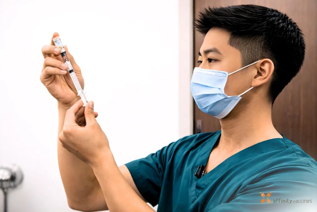 Asian male nurse preparing a syringe with clear vaccine solution in a clinical setting