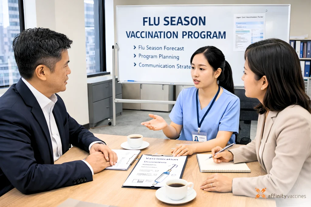 Occupational nurse presenting a seasonal influenza vaccination program to company management in a modern office setting