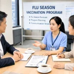 Occupational nurse presenting a seasonal influenza vaccination program to company management in a modern office setting