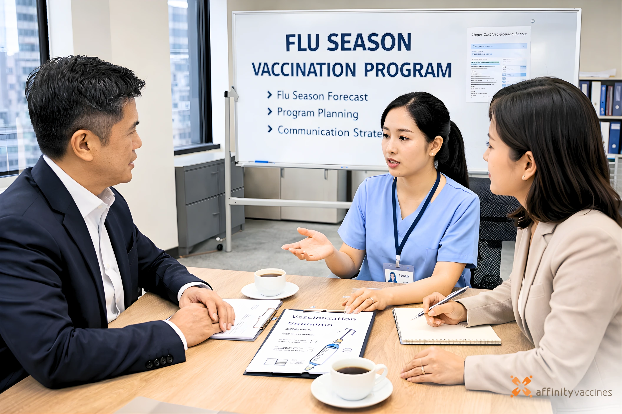 Occupational nurse presenting a seasonal influenza vaccination program to company management in a modern office setting