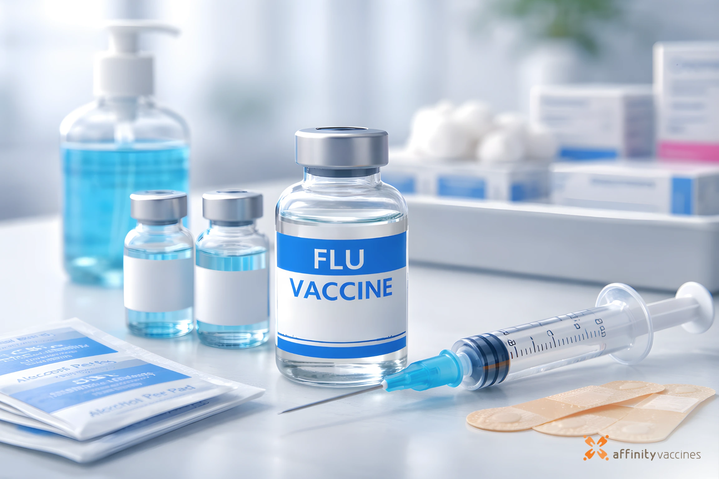 Flu vaccine vial with syringe, alcohol prep pads, and bandages arranged on a medical table for vaccination.