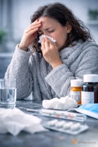Woman with flu symptoms blowing her nose while sitting at a table with medicine, thermometer, tissues, and water.