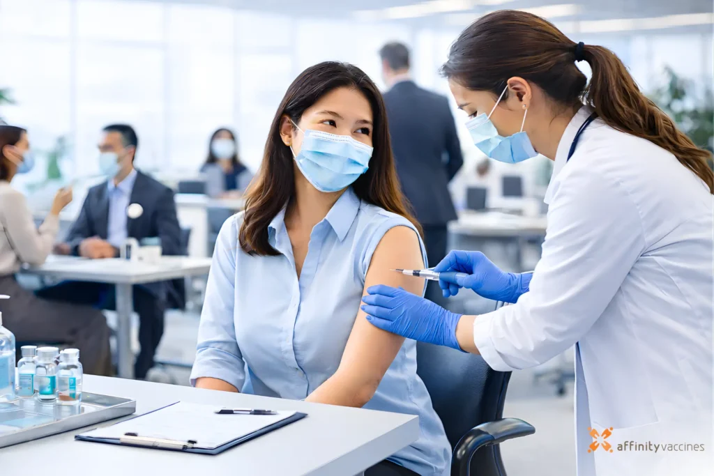 Nurse administering a vaccine to an employee in a corporate office vaccination program while wearing gloves and a face mask.