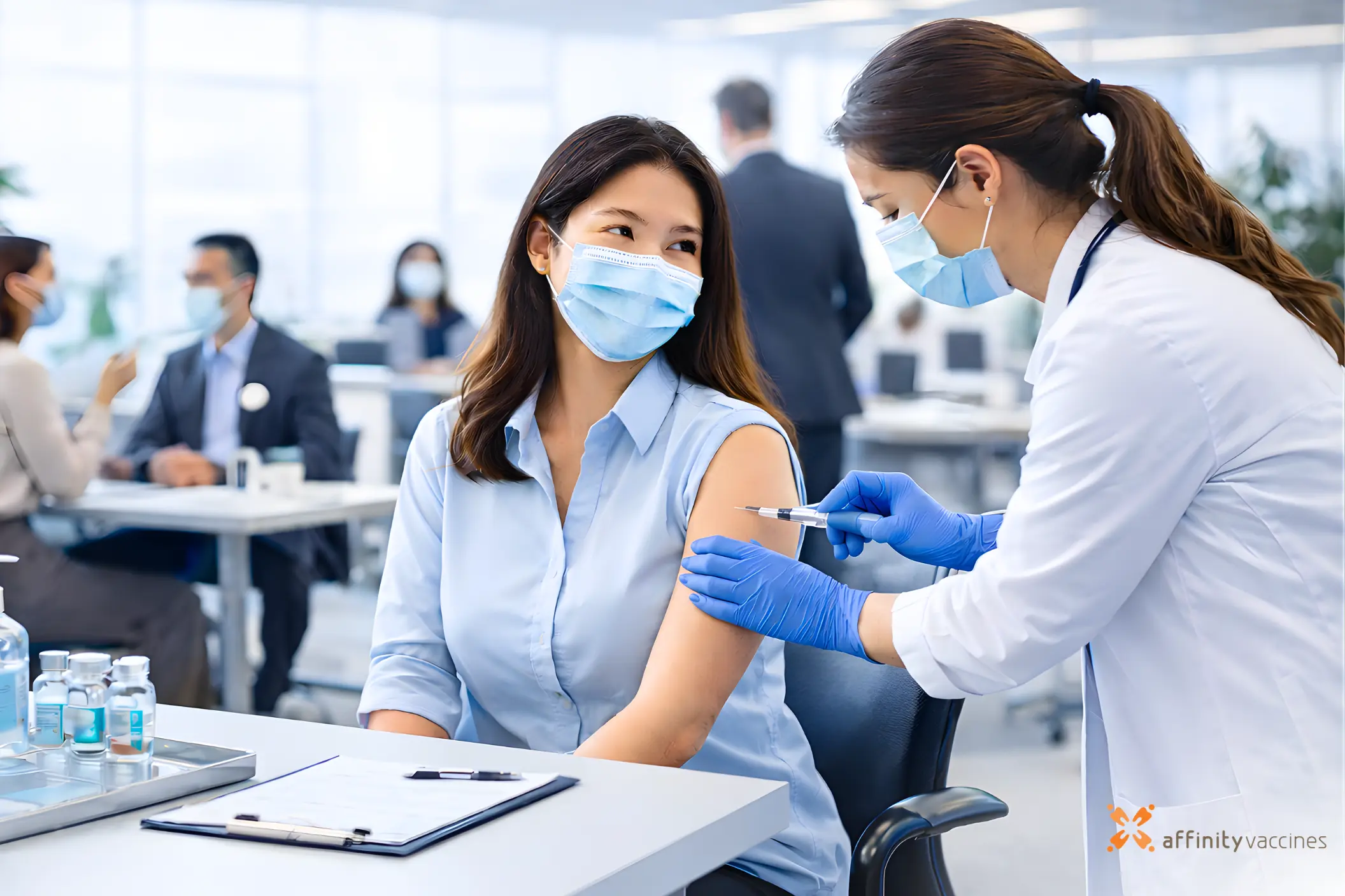 Nurse administering a vaccine to an employee in a corporate office vaccination program while wearing gloves and a face mask.
