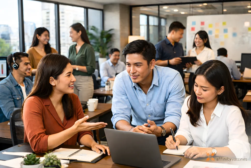Filipino office employees collaborating in a modern workplace, with one team member taking notes while others discuss ideas around a laptop.