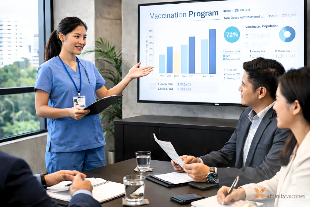 Filipino nurse presenting a vaccination program report to company executives in a modern office meeting room.