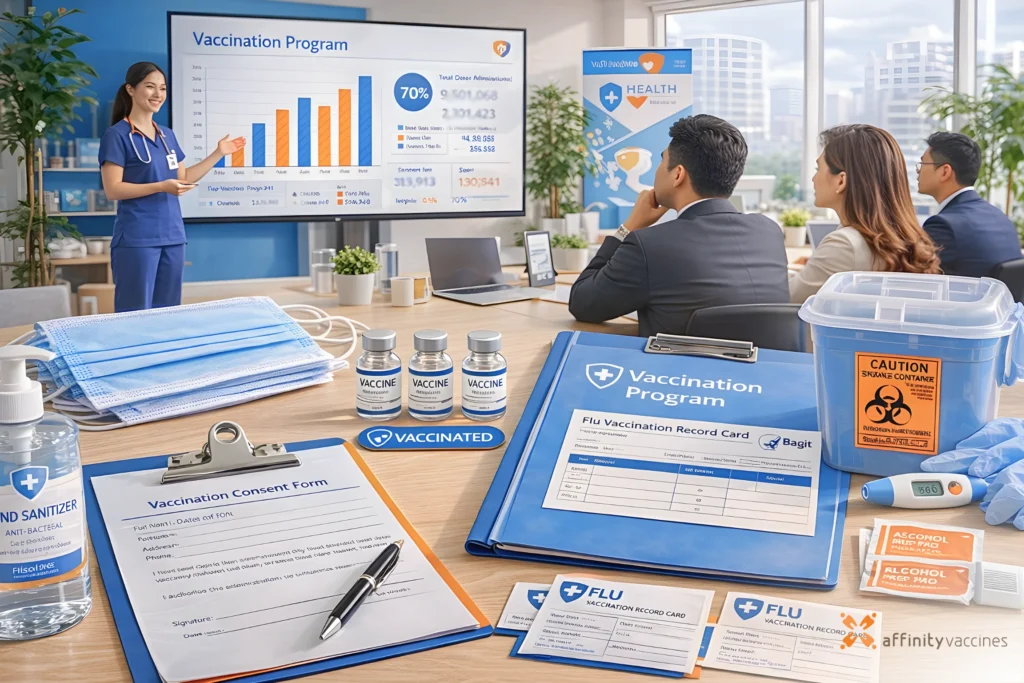Corporate flu vaccination program materials on a table with a nurse presenting vaccination data to executives in a modern office setting.