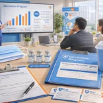 Corporate flu vaccination program materials on a table with a nurse presenting vaccination data to executives in a modern office setting.