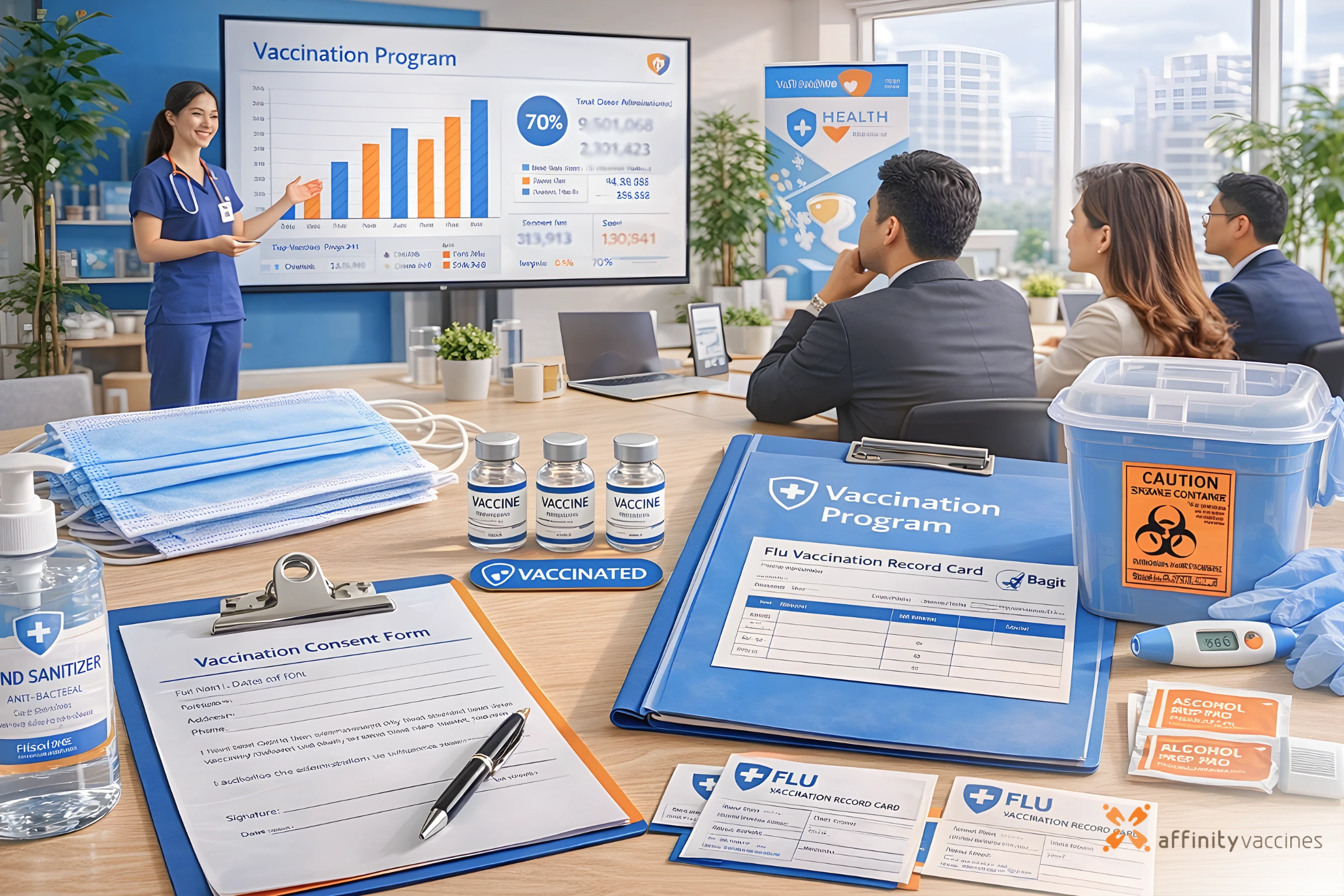 Corporate flu vaccination program materials on a table with a nurse presenting vaccination data to executives in a modern office setting.