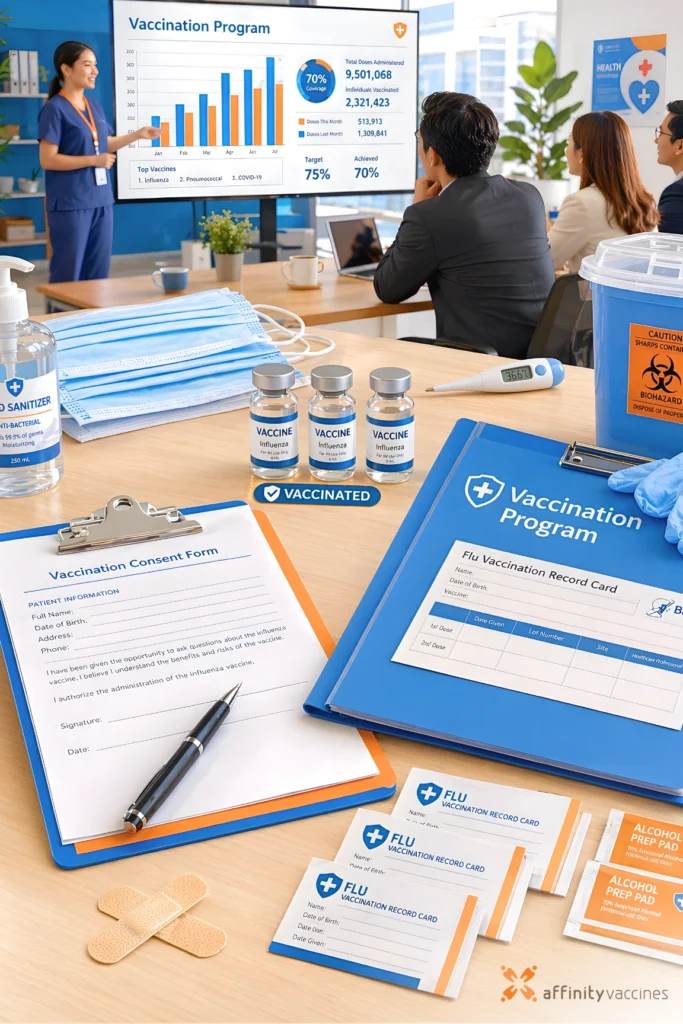 Flu vaccination program materials on a corporate office table, including consent forms, vaccine vials, masks, and vaccination record cards, while a nurse presents vaccination data to executives.