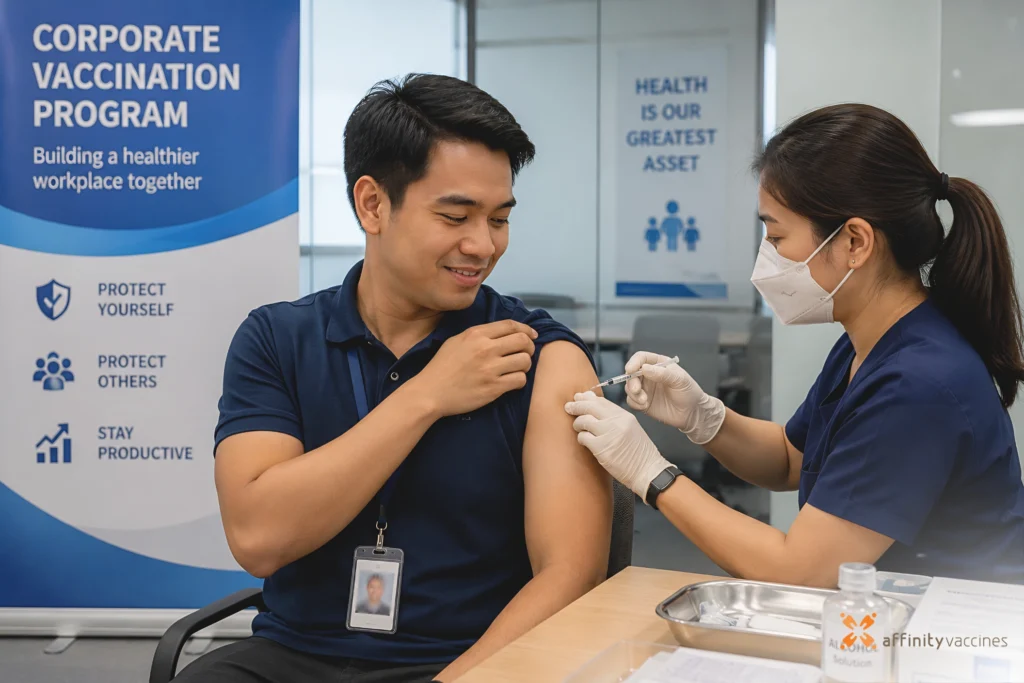 Filipino male employee receiving a vaccine from a female nurse during a corporate vaccination program in an office setting.
