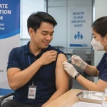 Filipino male employee receiving a vaccine from a female nurse during a corporate vaccination program in an office setting.