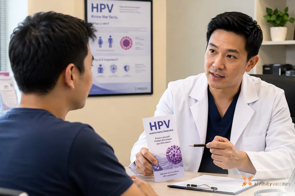 Asian male patient consulting with a doctor about HPV vaccination inside a medical clinic.