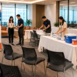 Healthcare staff and employees preparing a corporate vaccination setup inside a modern office conference room with medical supplies, chairs, and an Affinity Vaccines pull-up banner.