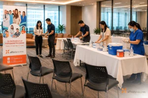 Healthcare staff and employees preparing a corporate vaccination setup inside a modern office conference room with medical supplies, chairs, and an Affinity Vaccines pull-up banner.