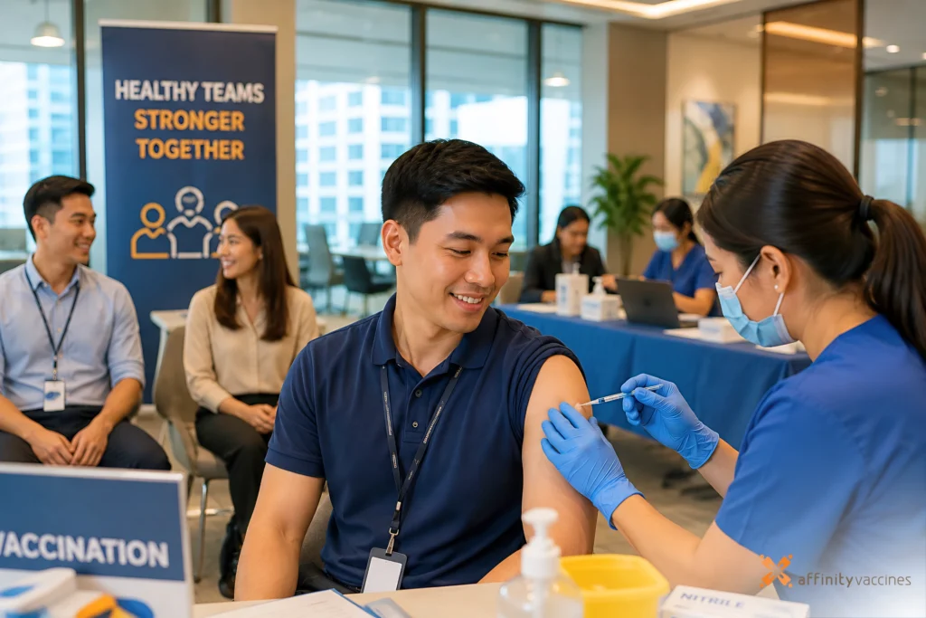 A nurse in blue scrubs administering a vaccine to an employee during a corporate vaccination event inside a modern office setting.
