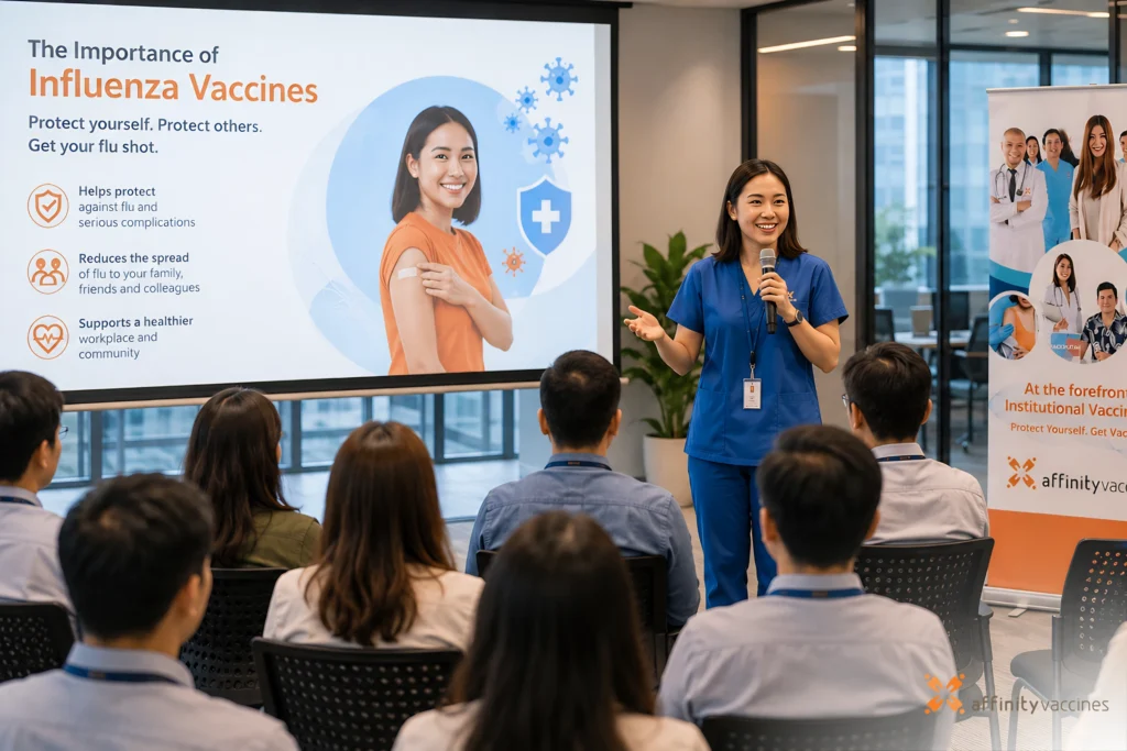 A nurse conducting a workplace health seminar about the importance of influenza vaccines while employees listen attentively in a conference room.