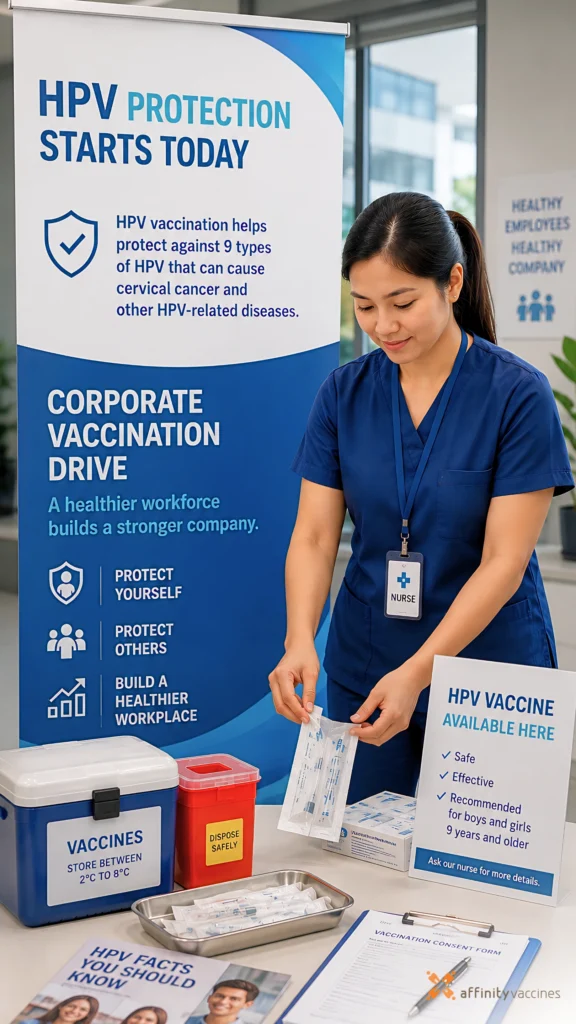 Female nurse preparing HPV vaccines during a corporate vaccination drive with informational banners and vaccine supplies.