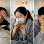 Side-by-side comparison of individuals experiencing flu, COVID-19, and common cold symptoms, illustrating similarities and differences among respiratory illnesses.