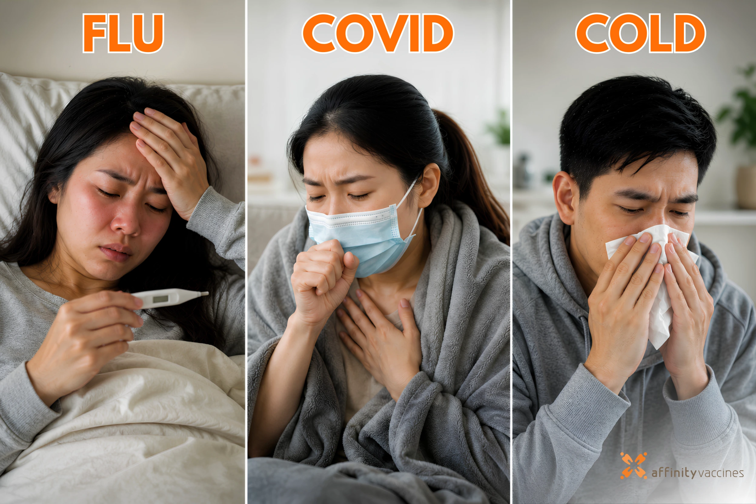 Side-by-side comparison of individuals experiencing flu, COVID-19, and common cold symptoms, illustrating similarities and differences among respiratory illnesses.