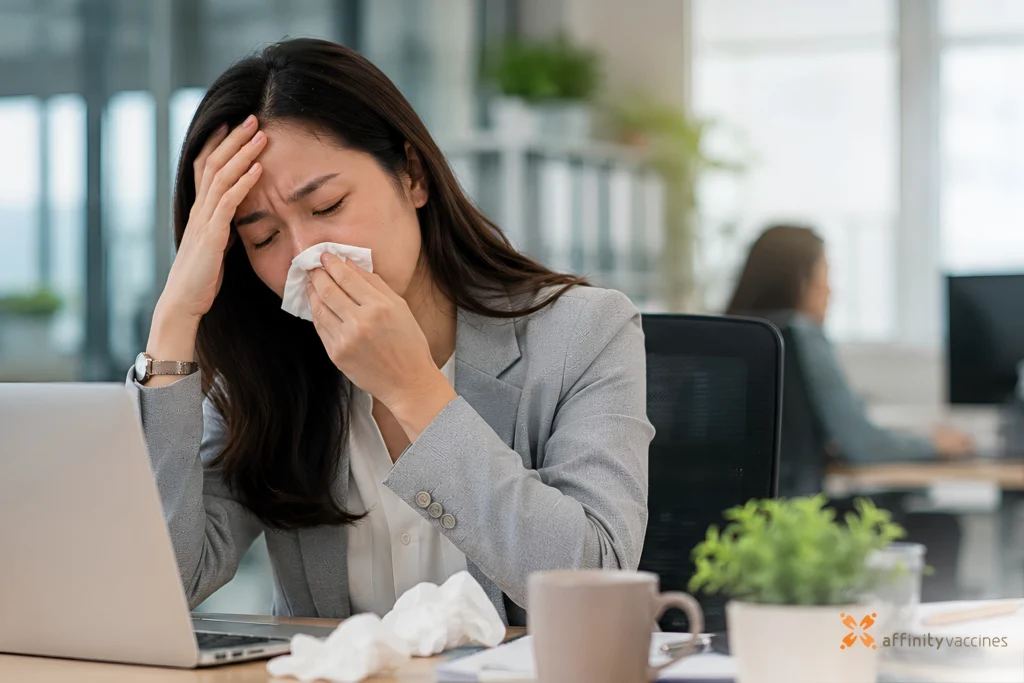 Filipino office employee experiencing flu symptoms while working at a desk, holding a tissue and touching her forehead in a modern office setting.
