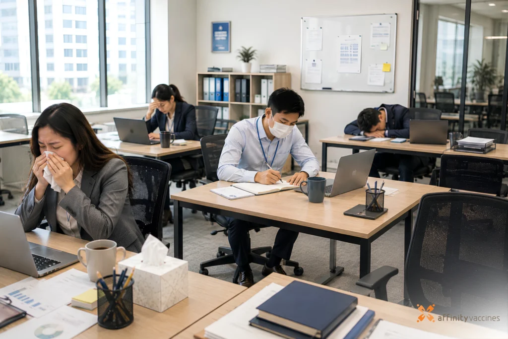 Modern office environment with several employees showing signs of illness, including sneezing, fatigue, and wearing face masks, while some workstations remain vacant.