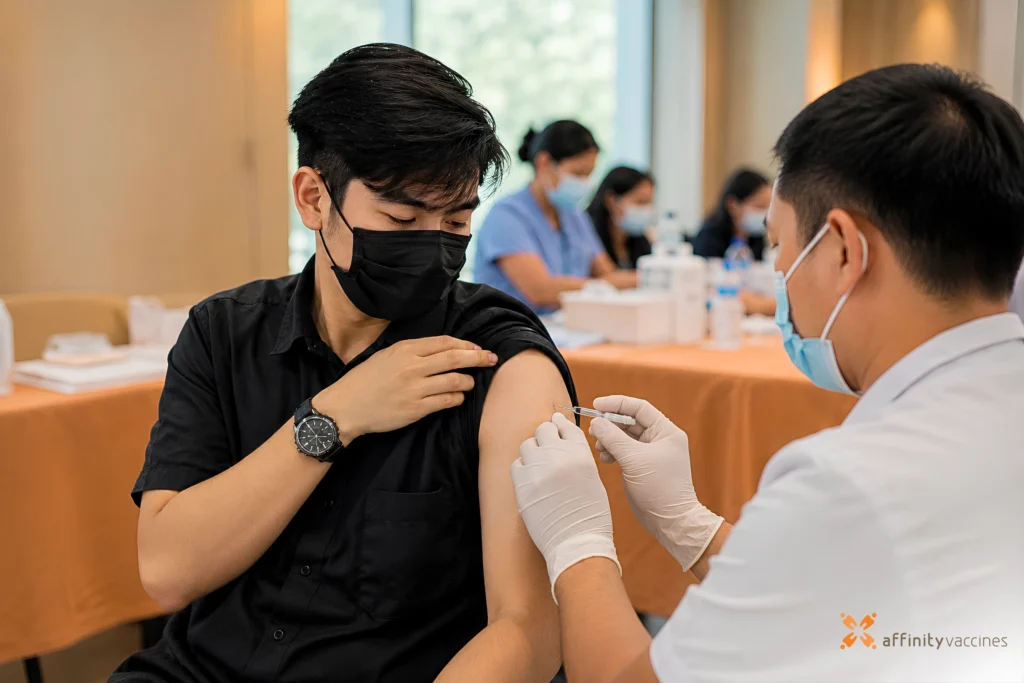 Filipino employee receiving a vaccine from a healthcare professional during a corporate vaccination event in a workplace setting.