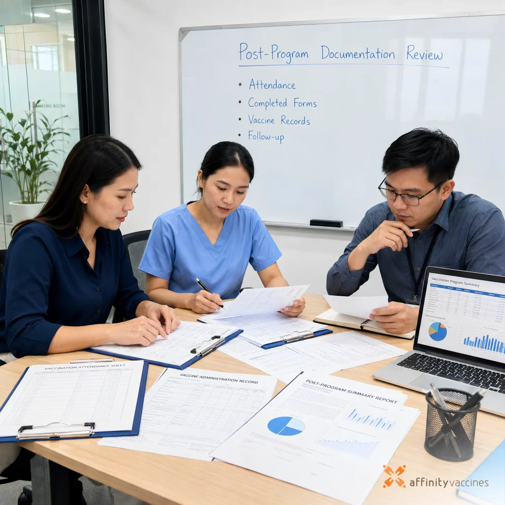 Three professionals reviewing vaccination program documents, attendance sheets, and summary reports in a meeting room after the program.