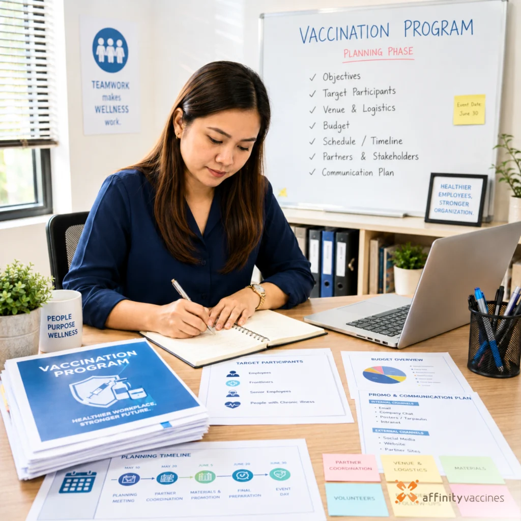 Woman planning a corporate vaccination program at an office desk with vaccination materials, schedules, budget documents, and a planning checklist.
