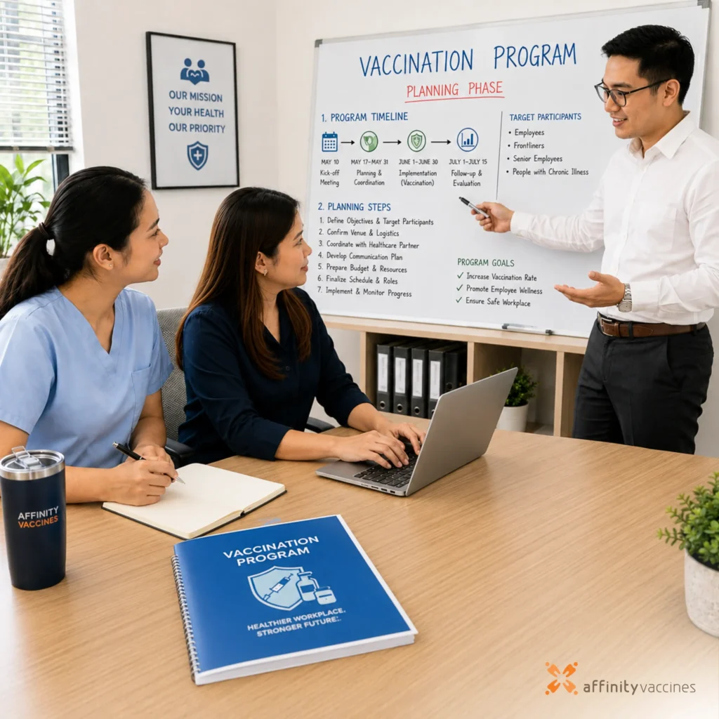 Three professionals discussing a workplace vaccination program in an office, with a presenter explaining the timeline, planning steps, target participants, and program goals on a whiteboard.