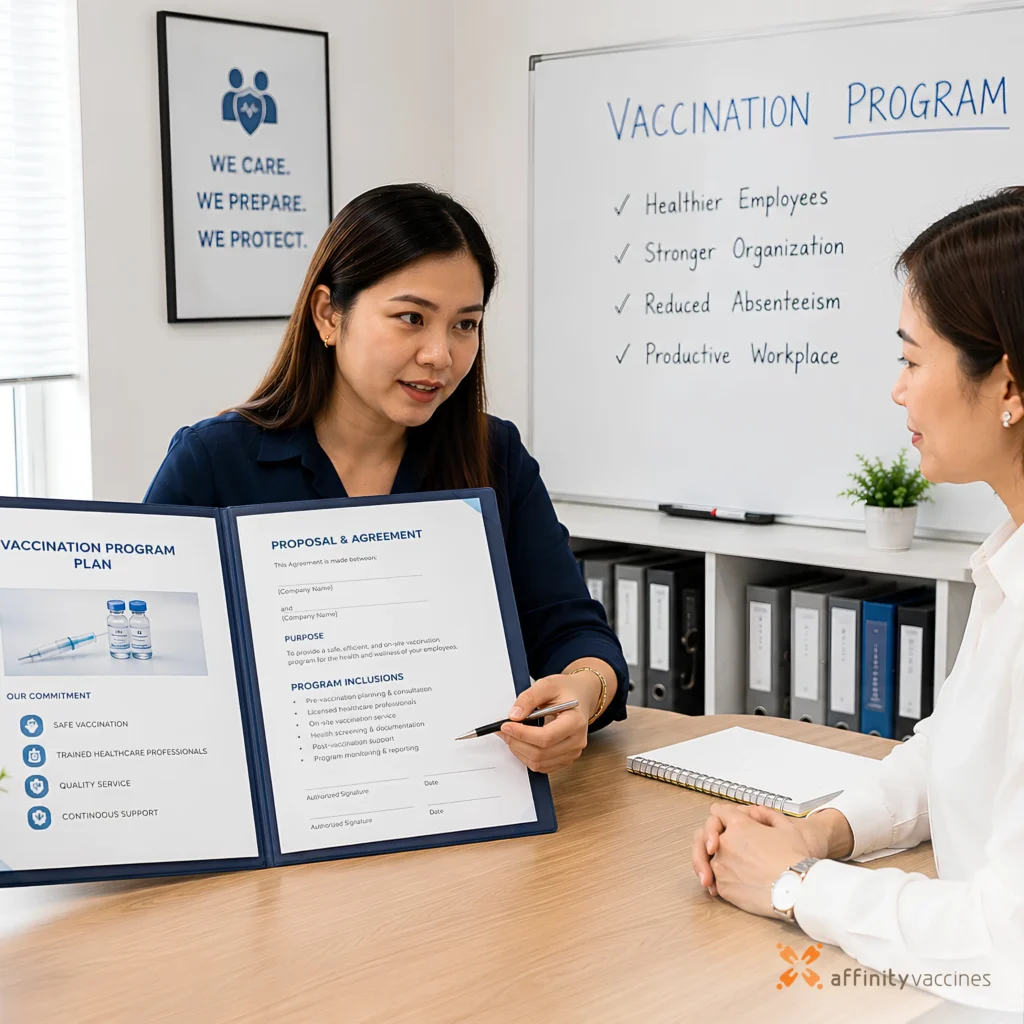 Woman presenting a workplace vaccination program proposal and agreement to a corporate representative during a meeting in an office.