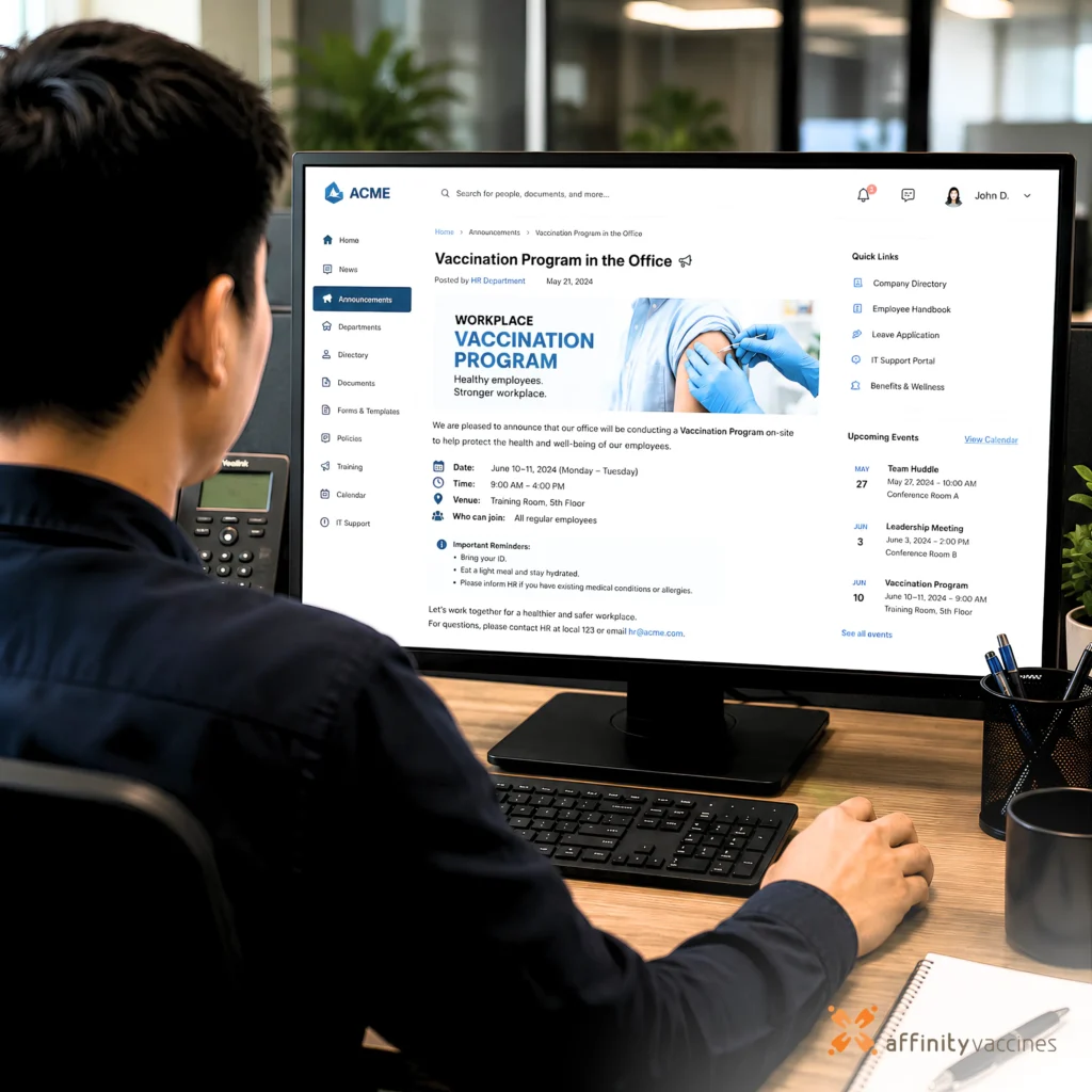 Employee viewing a workplace vaccination program announcement on a company intranet from a desktop computer in an office.