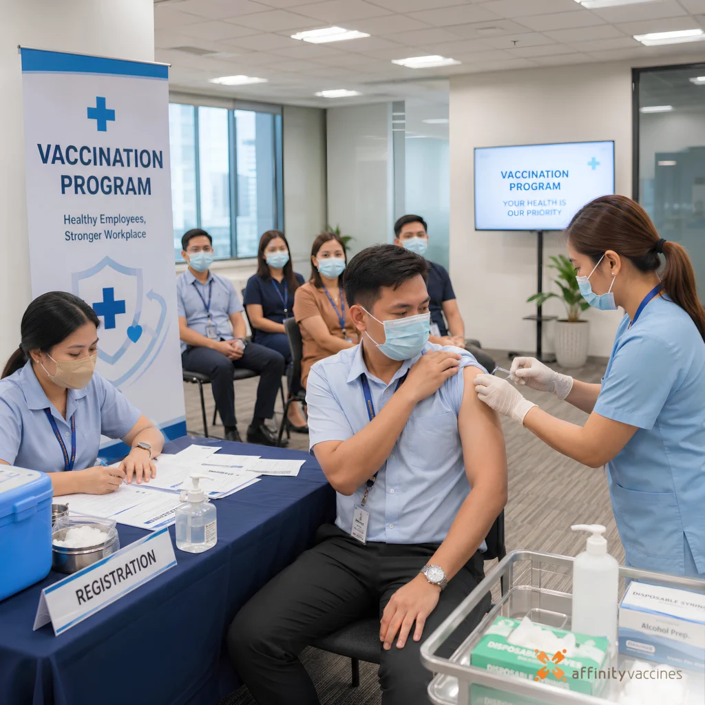 Nurse administering a vaccine to an employee at an office vaccination setup, with a registration desk and seated employees waiting in the background.