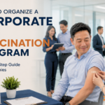 Corporate employee receiving post-vaccination care from a healthcare professional during an office flu vaccination program, with coworkers and a vaccination check-in area in the background.