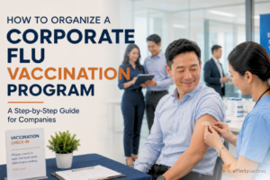 Corporate employee receiving post-vaccination care from a healthcare professional during an office flu vaccination program, with coworkers and a vaccination check-in area in the background.